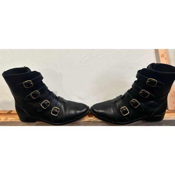 J.Crew Multi Buckle Black Leather Zip Boots/Booties, Size 7.5 - Picture 1 of 12